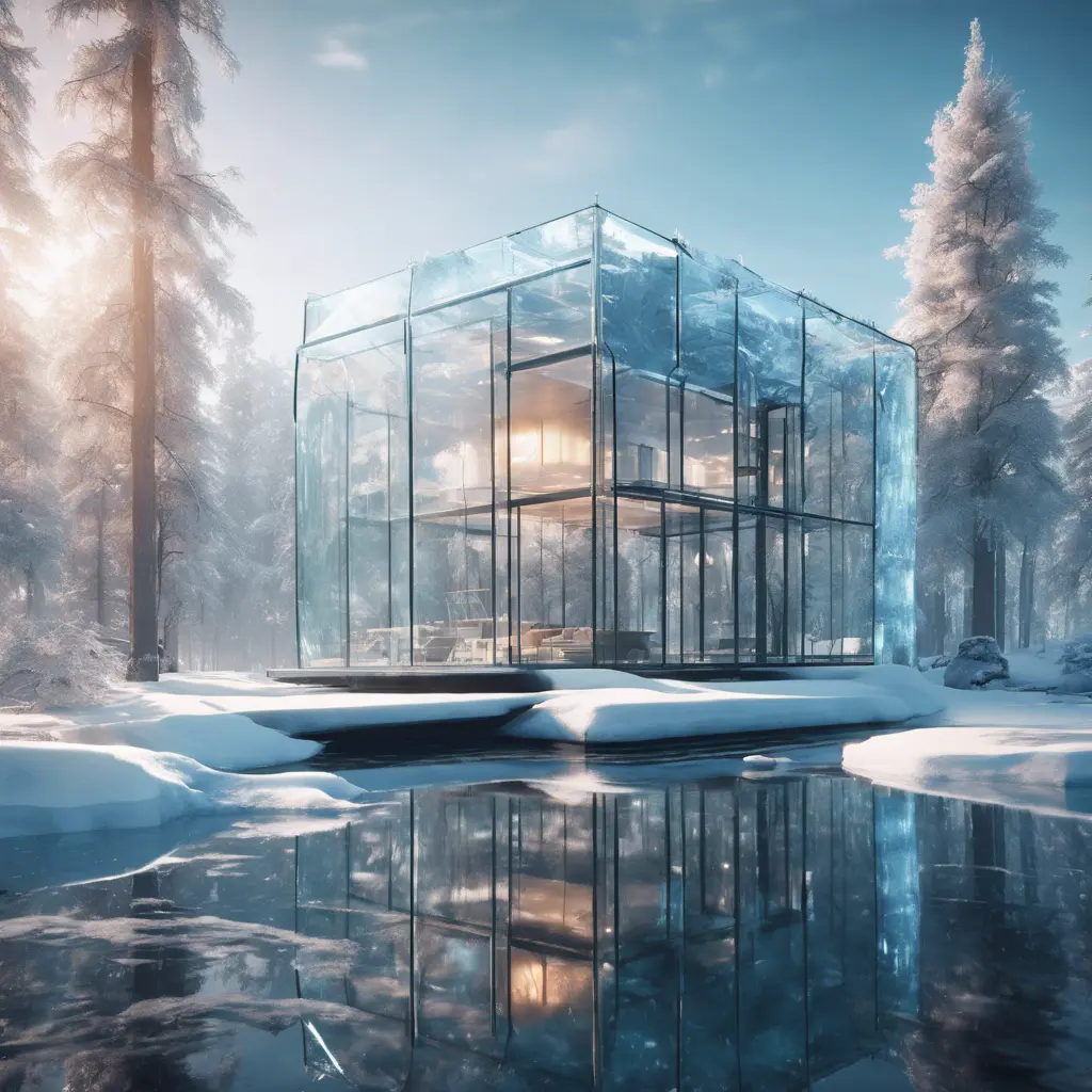 Beautiful futuristic architectural bright glass house in the forest on a giant frozen lake, 8k, Award-Winning, Highly Detailed, Beautiful, Epic, Octane Render, Unreal Engine, Radiant, Volumetric Lighting