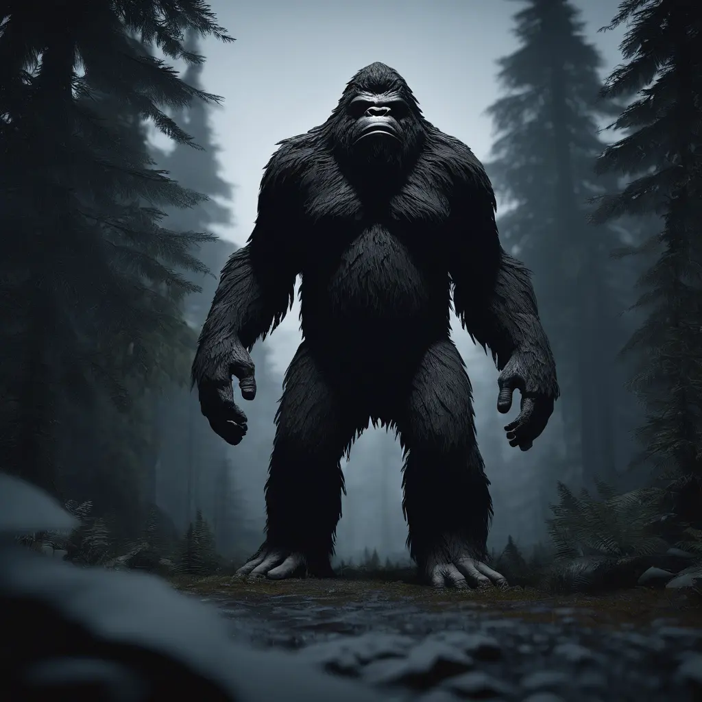 Bigfoot, sasquatch, in a dark forest, 8k, Intricate Details, Full Body, Ray Tracing, Unreal Engine, Moody Lighting