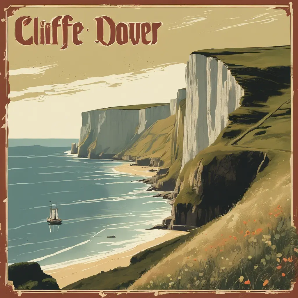 Create a captivating background, Cliffs of Dover in the background. vintage poster paint book cover style design, Highly Detailed, Poster by Stefan Kostic