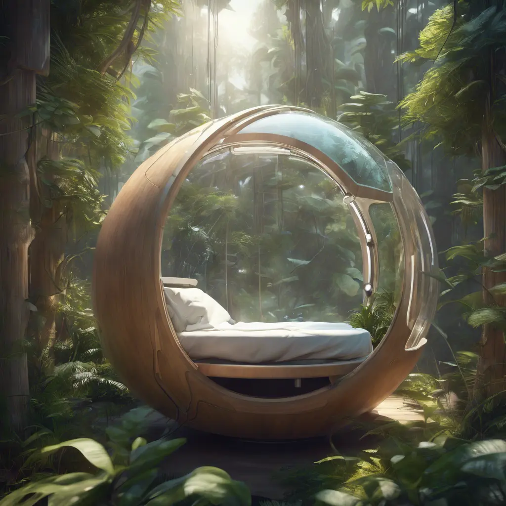 Futuristic sleeping relax pod, transparent orb, plants, natural daytime lighting, natural wooden environment, flat design, product-view, 8k, Futuristic, Sci-Fi, Natural Light by Greg Rutkowski