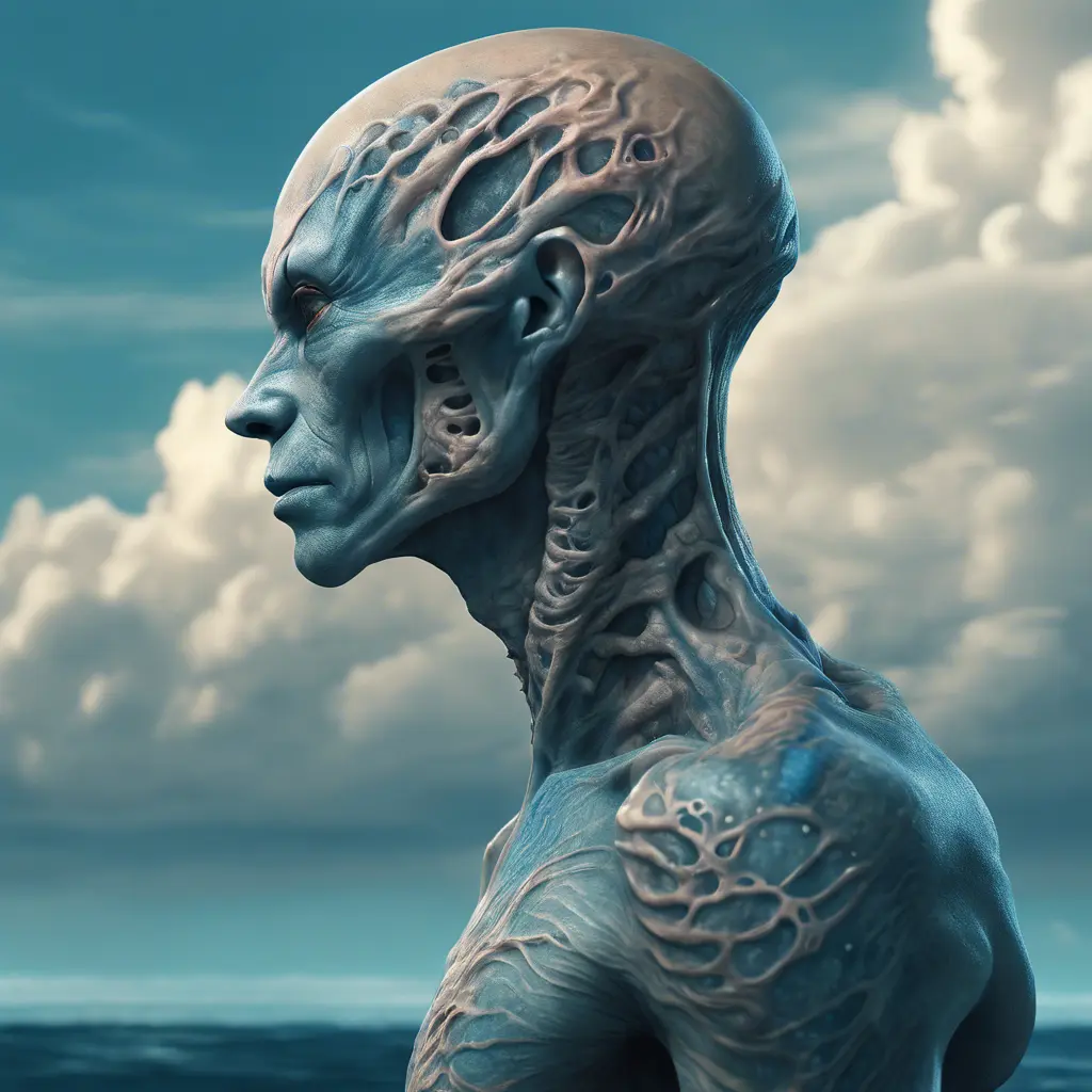 Professional portrait of a tatooed alien race, head with 3d bony growths under the skin on the head normal face full body side view the backdrop sea and clouds the sea is ocean blue, abstract beauty, approaching perfection, delicate face, moonlight, Highly Detailed, Artstation, Vintage Illustration, Digital Painting, Sharp Focus, Smooth, Dynamic Lighting, Concept Art by Carne Griffiths, Wadim Kashin