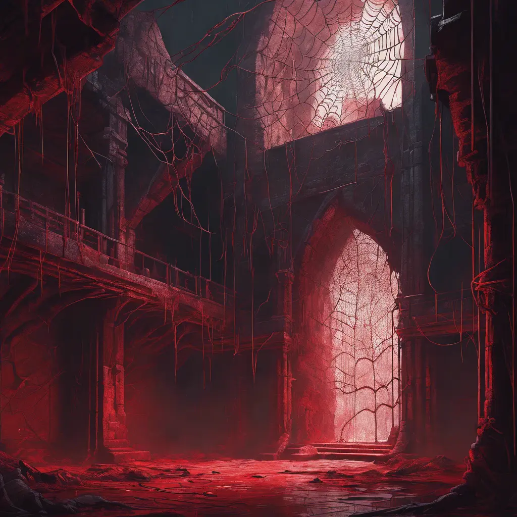 Detailed illustration of dark dungeon, dystopian texture architecture, blood walls, spiders, and cobwebs, 8k, Hyper Detailed, Trending on Artstation, Epic, Deviantart, Beautifully Lit by Alena Aenami