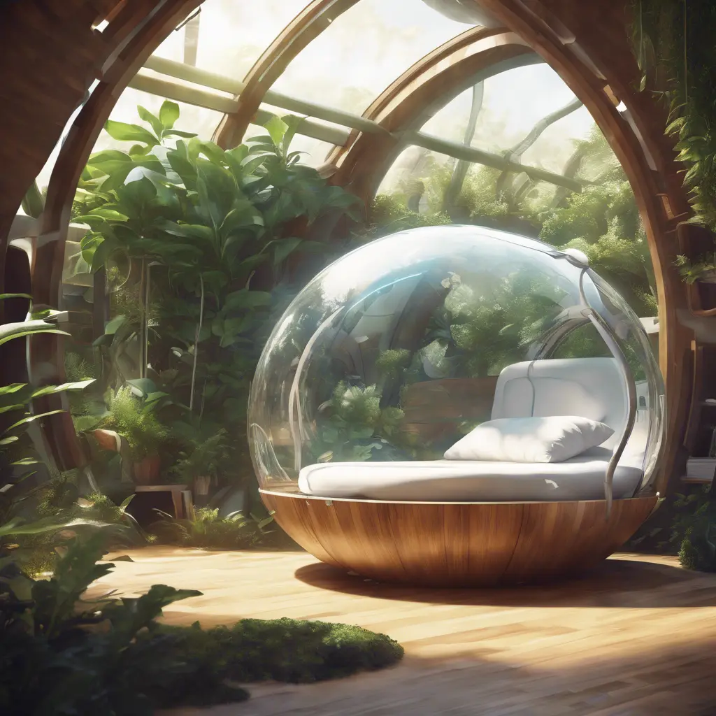 Futuristic sleeping relax pod, transparent orb, plants, natural daytime lighting, natural wooden environment, flat design, product-view, 8k, Futuristic, Sci-Fi, Natural Light by Greg Rutkowski