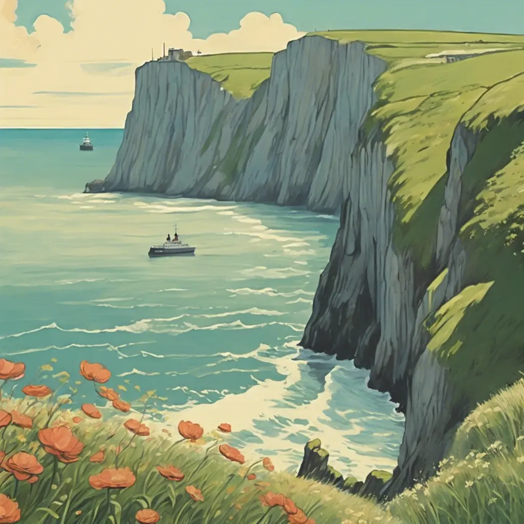 Create a captivating background, Cliffs of Dover in the background. vintage poster paint book cover style design, Highly Detailed, Poster by Studio Ghibli