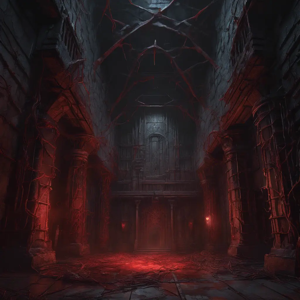 Detailed illustration of dark dungeon, dystopian texture architecture, blood walls, spiders, and cobwebs, 8k, Hyper Detailed, Trending on Artstation, Epic, Deviantart, Beautifully Lit by Greg Rutkowski