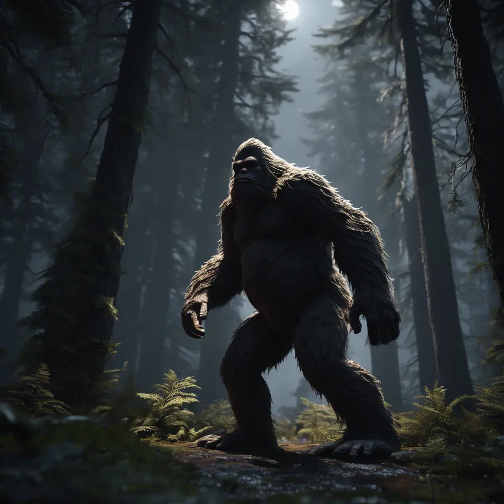 Bigfoot, sasquatch, in a dark forest, 8k, Intricate Details, Full Body, Ray Tracing, Unreal Engine, Moody Lighting