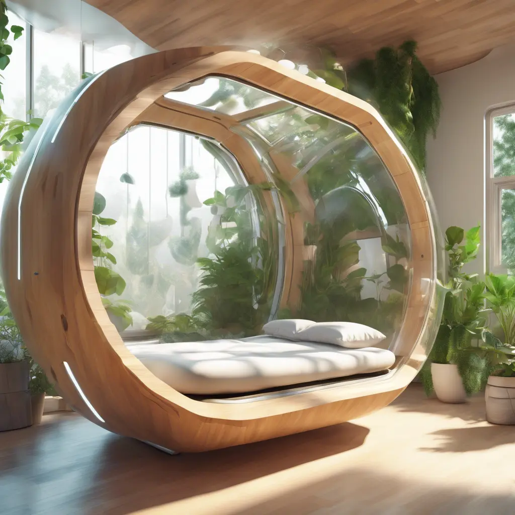 Futuristic sleeping relax pod, transparent orb, plants, natural daytime lighting, natural wooden environment, flat design, product-view, 8k, Futuristic, Sci-Fi, Natural Light