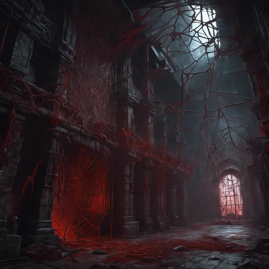 Detailed illustration of dark dungeon, dystopian texture architecture, blood walls, spiders, and cobwebs, 8k, Hyper Detailed, Trending on Artstation, Epic, Deviantart, Beautifully Lit by Stefan Kostic