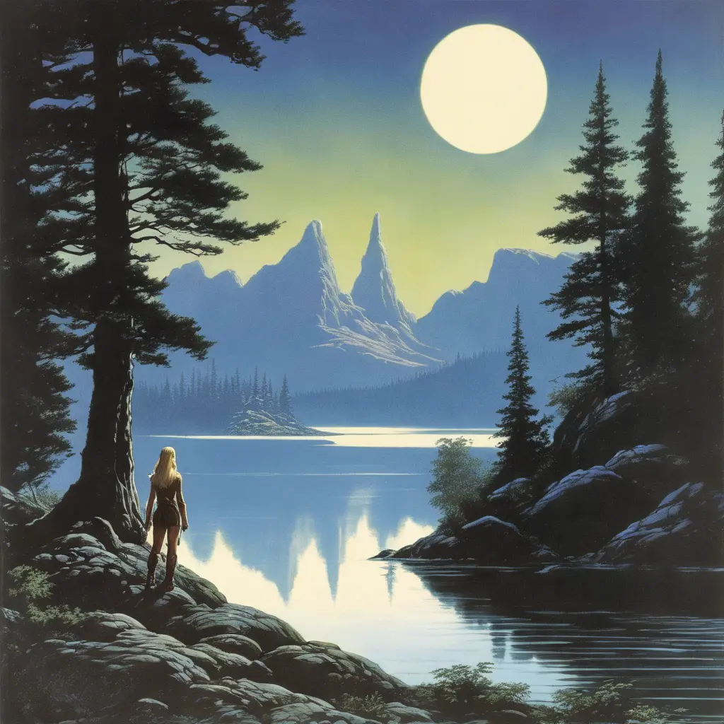 1970's dark fantasy book cover of beautiful lake with minimalist far perspective, Album cover, D&D, Fantasy by Larry Elmore