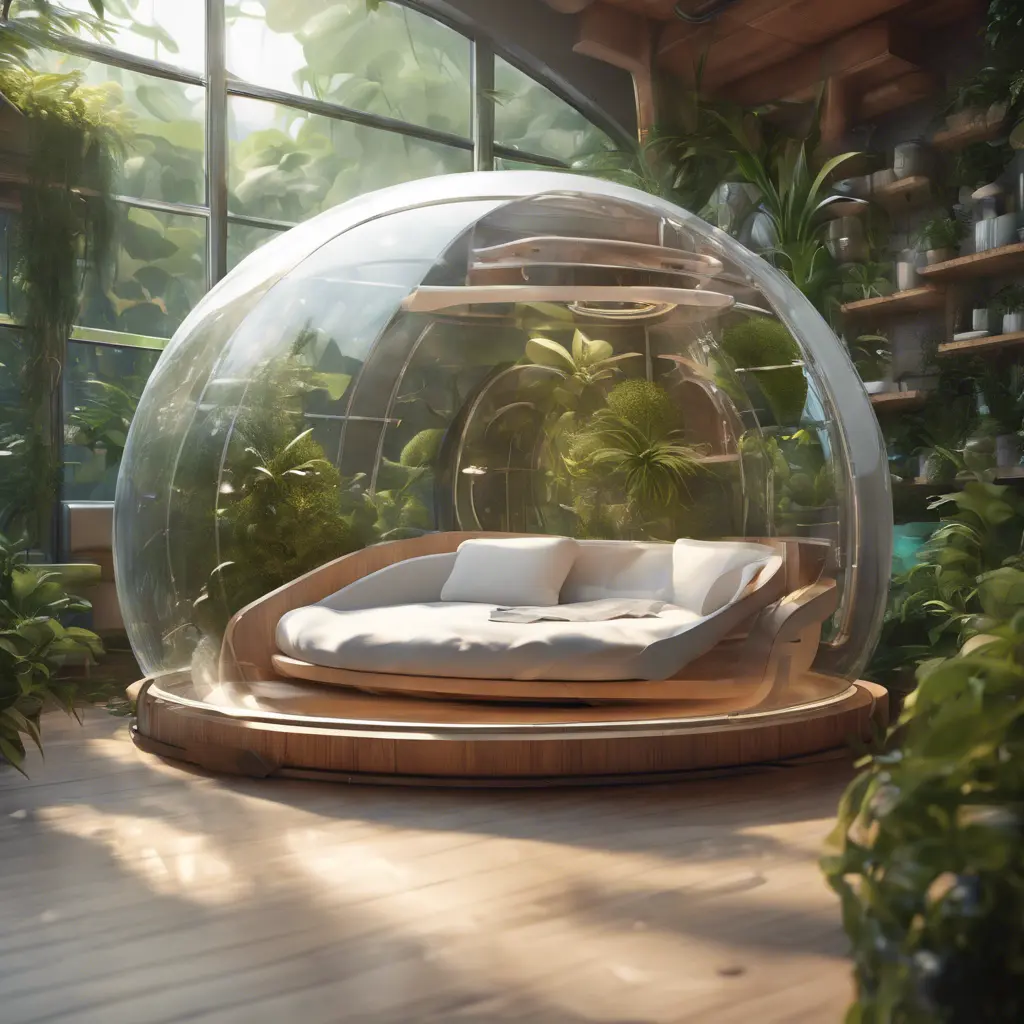 Futuristic sleeping relax pod, transparent orb, plants, natural daytime lighting, natural wooden environment, flat design, product-view, 8k, Futuristic, Sci-Fi, Natural Light by Greg Rutkowski