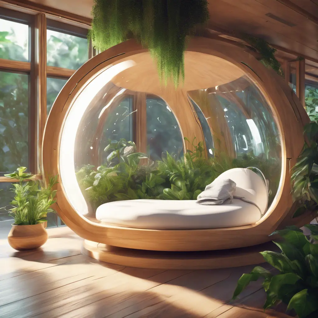 Futuristic sleeping relax pod, transparent orb, plants, natural daytime lighting, natural wooden environment, flat design, product-view, 8k, Futuristic, Sci-Fi, Natural Light