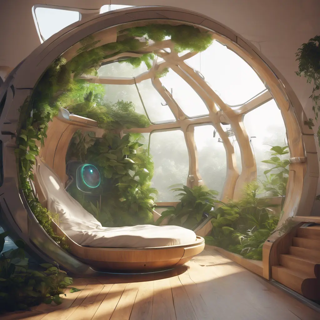 Futuristic sleeping relax pod, transparent orb, plants, natural daytime lighting, natural wooden environment, flat design, product-view, 8k, Futuristic, Sci-Fi, Natural Light by Greg Rutkowski