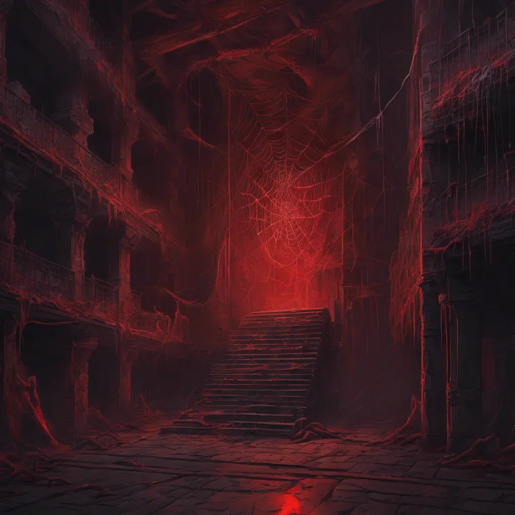 Detailed illustration of dark dungeon, dystopian texture architecture, blood walls, spiders, and cobwebs, 8k, Hyper Detailed, Trending on Artstation, Epic, Deviantart, Beautifully Lit by Alena Aenami