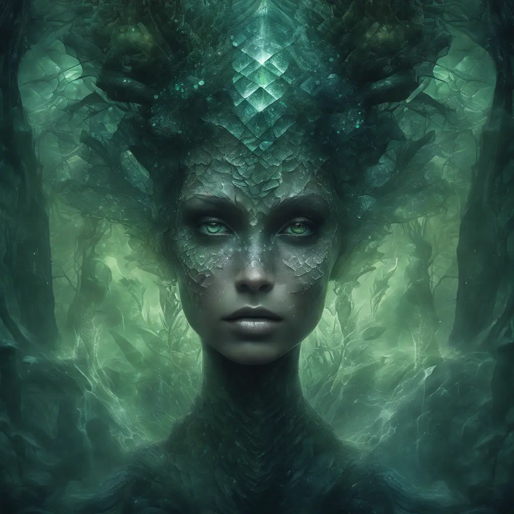 In the heart of the Amazon rainforest an image appears of The Crystal Enchantress, an eerie scene unfolds. The background is a dark expanse, a gradient of transitioning to. The creature's scaly skin, textured with a blend of, subtle highlights in play upon the scales, adding depth and dimension, giving the illusion of an aquatic, formidable entity. , Iridescence, Fantasy, Dark