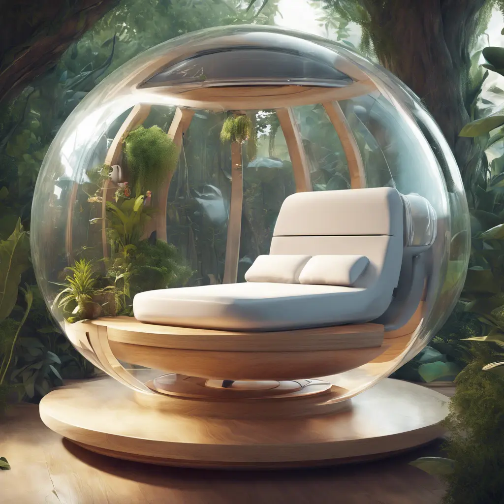 Futuristic sleeping relax pod, transparent orb, plants, natural daytime lighting, natural wooden environment, flat design, product-view, 8k, Futuristic, Sci-Fi, Natural Light by Stefan Kostic