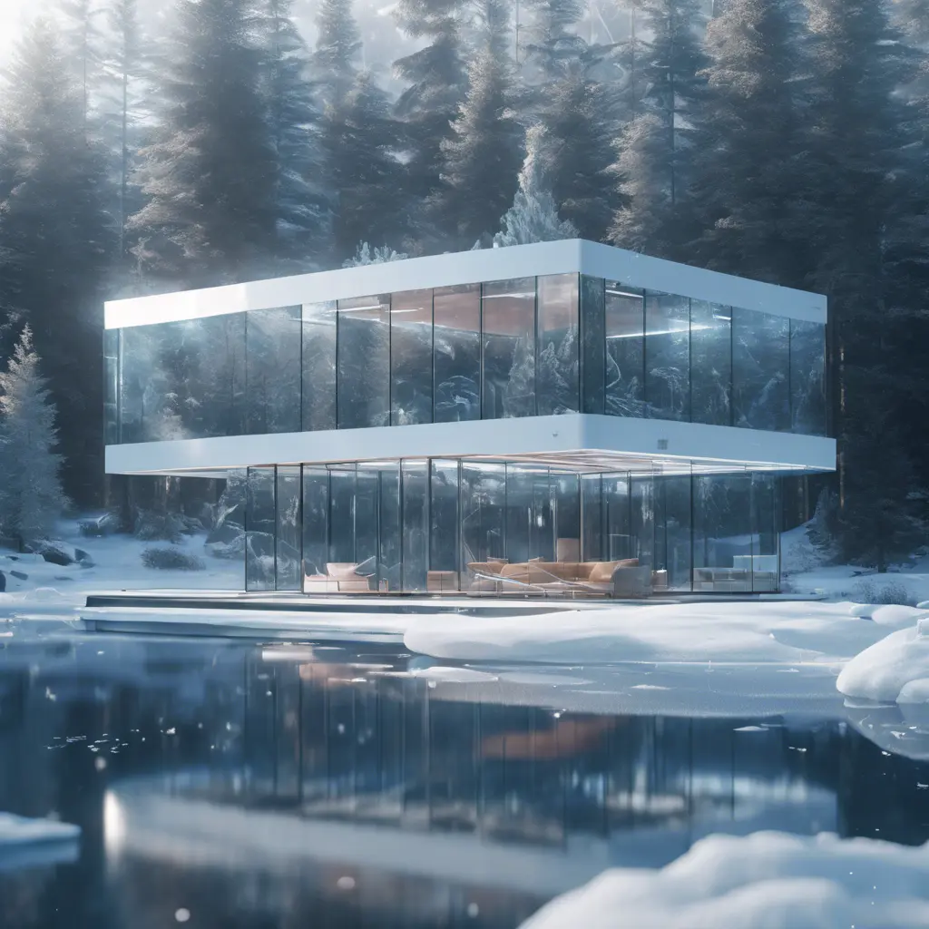 Beautiful futuristic architectural bright glass house in the forest on a giant frozen lake, 8k, Award-Winning, Highly Detailed, Beautiful, Epic, Octane Render, Unreal Engine, Radiant, Volumetric Lighting by WLOP