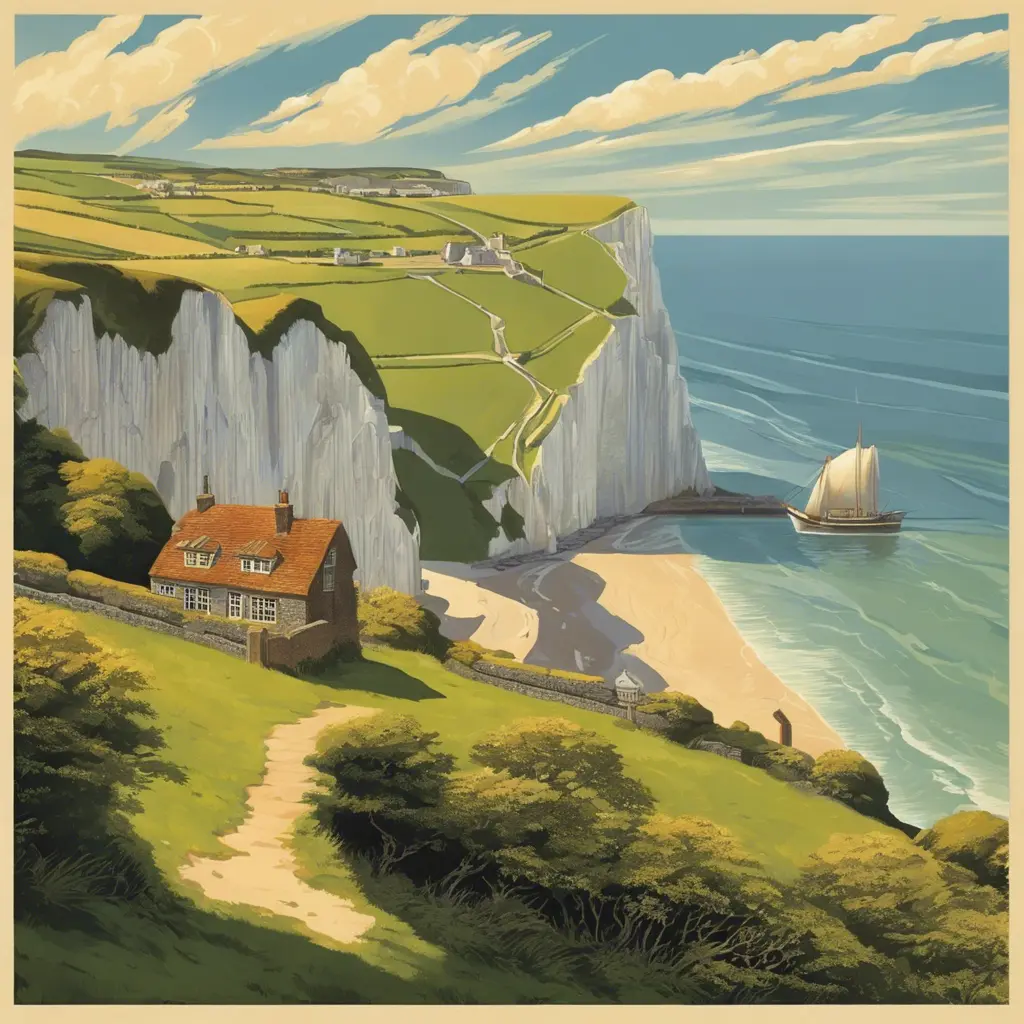 Create a captivating background, Cliffs of Dover in the background. vintage poster paint book cover style design, Highly Detailed, Poster by Greg Rutkowski