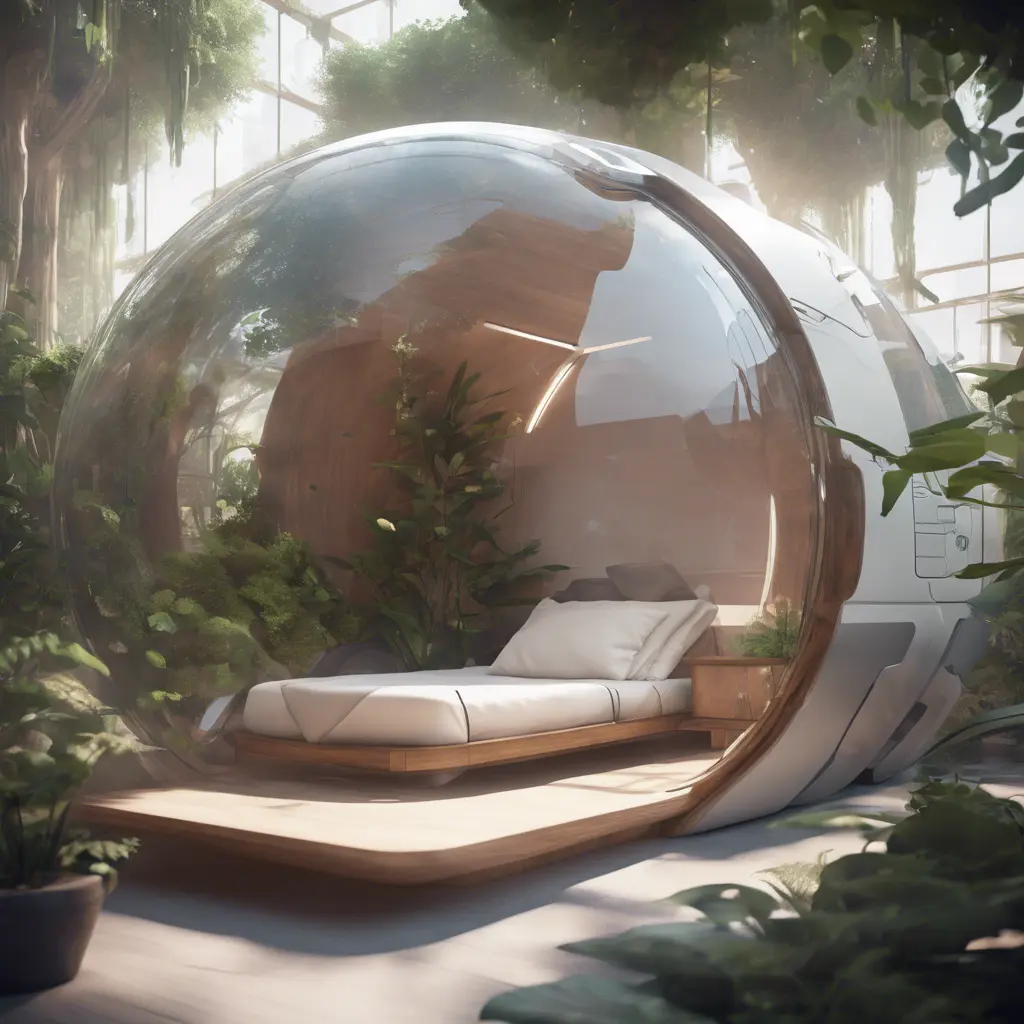 Futuristic sleeping relax pod, transparent orb, plants, natural daytime lighting, natural wooden environment, flat design, product-view, 8k, Futuristic, Sci-Fi, Natural Light by WLOP