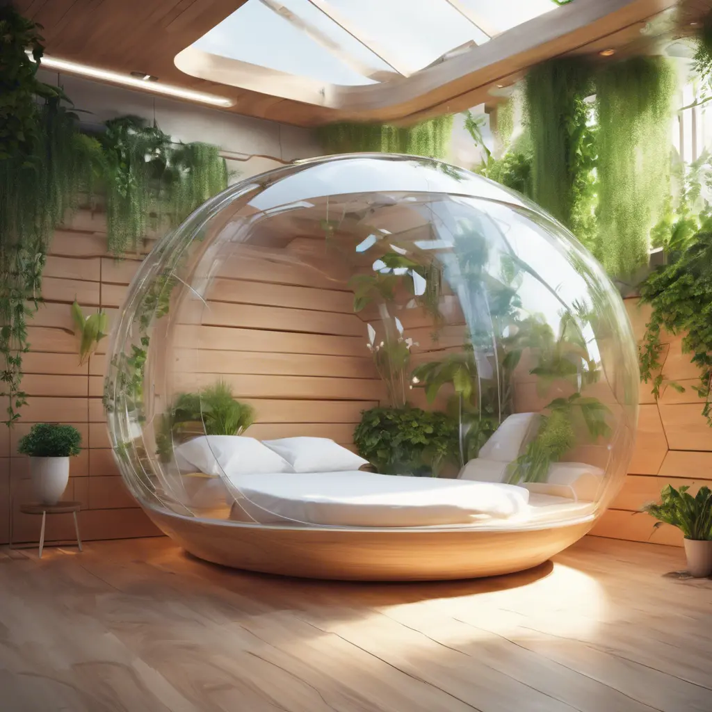 Futuristic sleeping relax pod, transparent orb, plants, natural daytime lighting, natural wooden environment, flat design, product-view, 8k, Futuristic, Sci-Fi, Natural Light