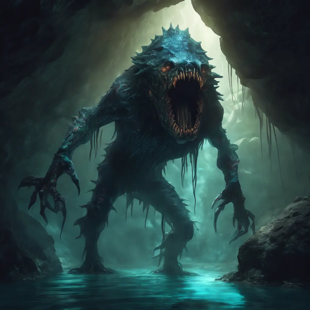 Scary creature in the dephts of a cave cenote, 8k, Highly Detailed, Iridescence, Concept Art, Fantasy, Dark