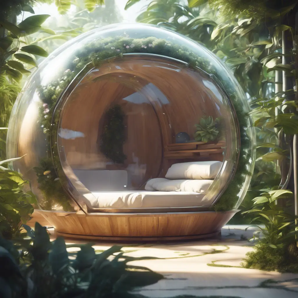 Futuristic sleeping relax pod, transparent orb, plants, natural daytime lighting, natural wooden environment, flat design, product-view, 8k, Futuristic, Sci-Fi, Natural Light by Greg Rutkowski