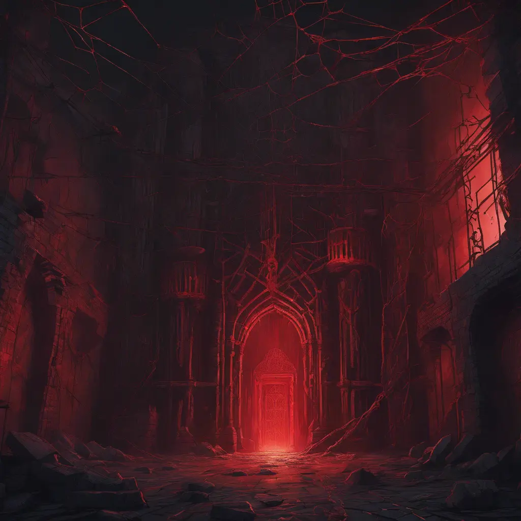 Detailed illustration of dark dungeon, dystopian texture architecture, blood walls, spiders, and cobwebs, 8k, Hyper Detailed, Trending on Artstation, Epic, Deviantart, Beautifully Lit by Alena Aenami