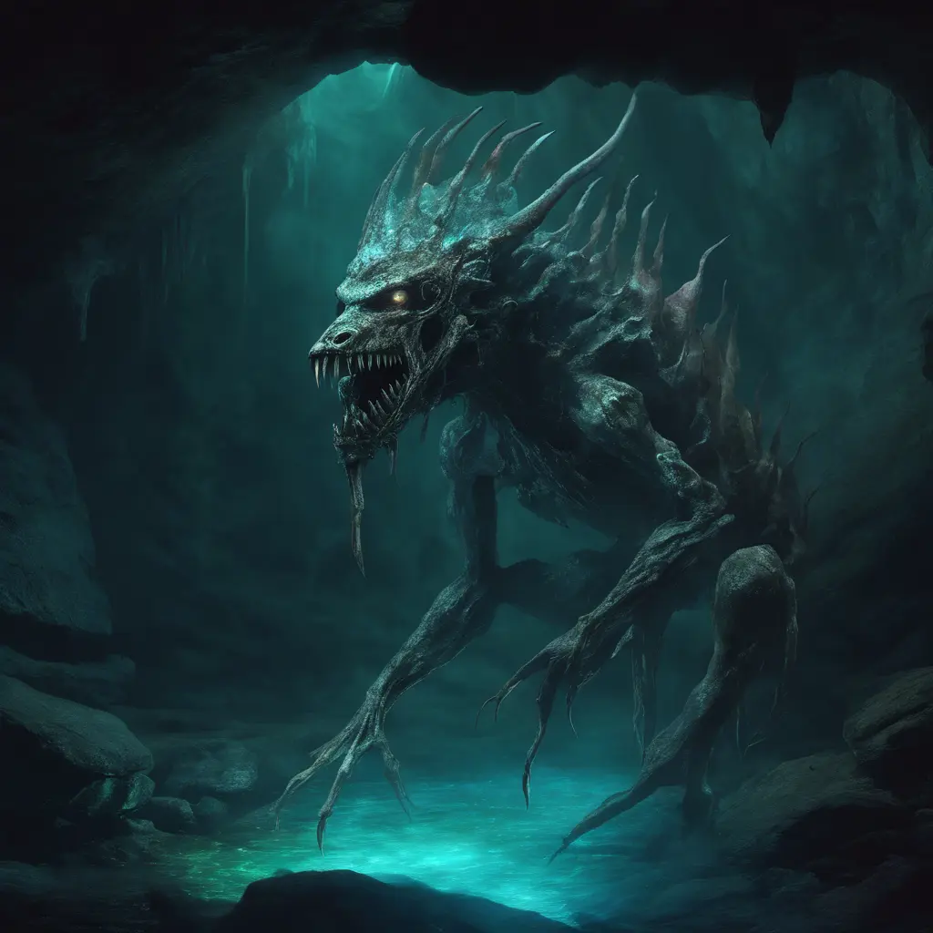 Scary creature in the dephts of a cave cenote, 8k, Highly Detailed, Iridescence, Concept Art, Fantasy, Dark