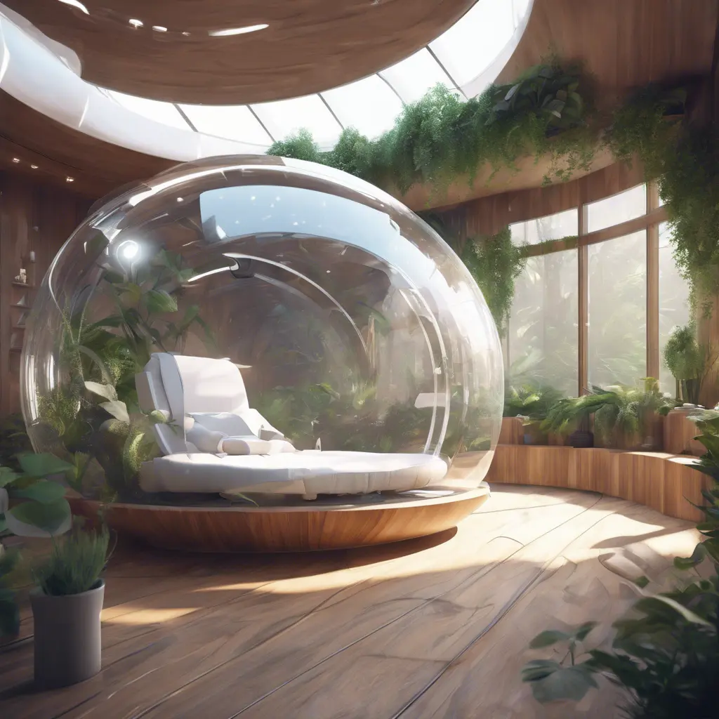 Futuristic sleeping relax pod, transparent orb, plants, natural daytime lighting, natural wooden environment, flat design, product-view, 8k, Futuristic, Sci-Fi, Natural Light by WLOP