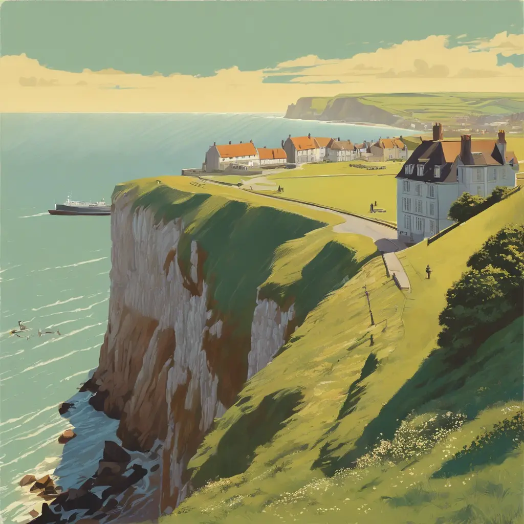 Create a captivating background, Cliffs of Dover in the background. vintage poster paint book cover style design, Highly Detailed, Poster by Stefan Kostic