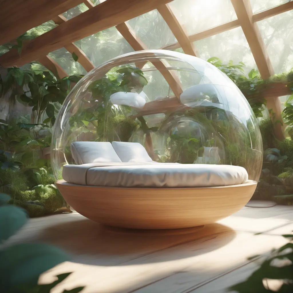 Futuristic sleeping relax pod, transparent orb, plants, natural daytime lighting, natural wooden environment, flat design, product-view, 8k, Futuristic, Sci-Fi, Natural Light