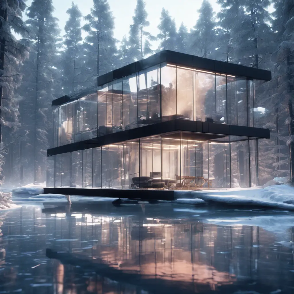 Beautiful futuristic architectural bright glass house in the forest on a giant frozen lake, 8k, Award-Winning, Highly Detailed, Beautiful, Epic, Octane Render, Unreal Engine, Radiant, Volumetric Lighting by WLOP