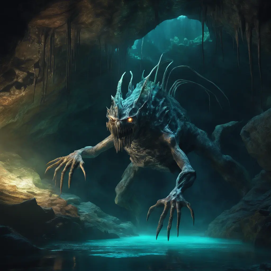 Scary creature in the dephts of a cave cenote, 8k, Highly Detailed, Iridescence, Concept Art, Fantasy, Dark