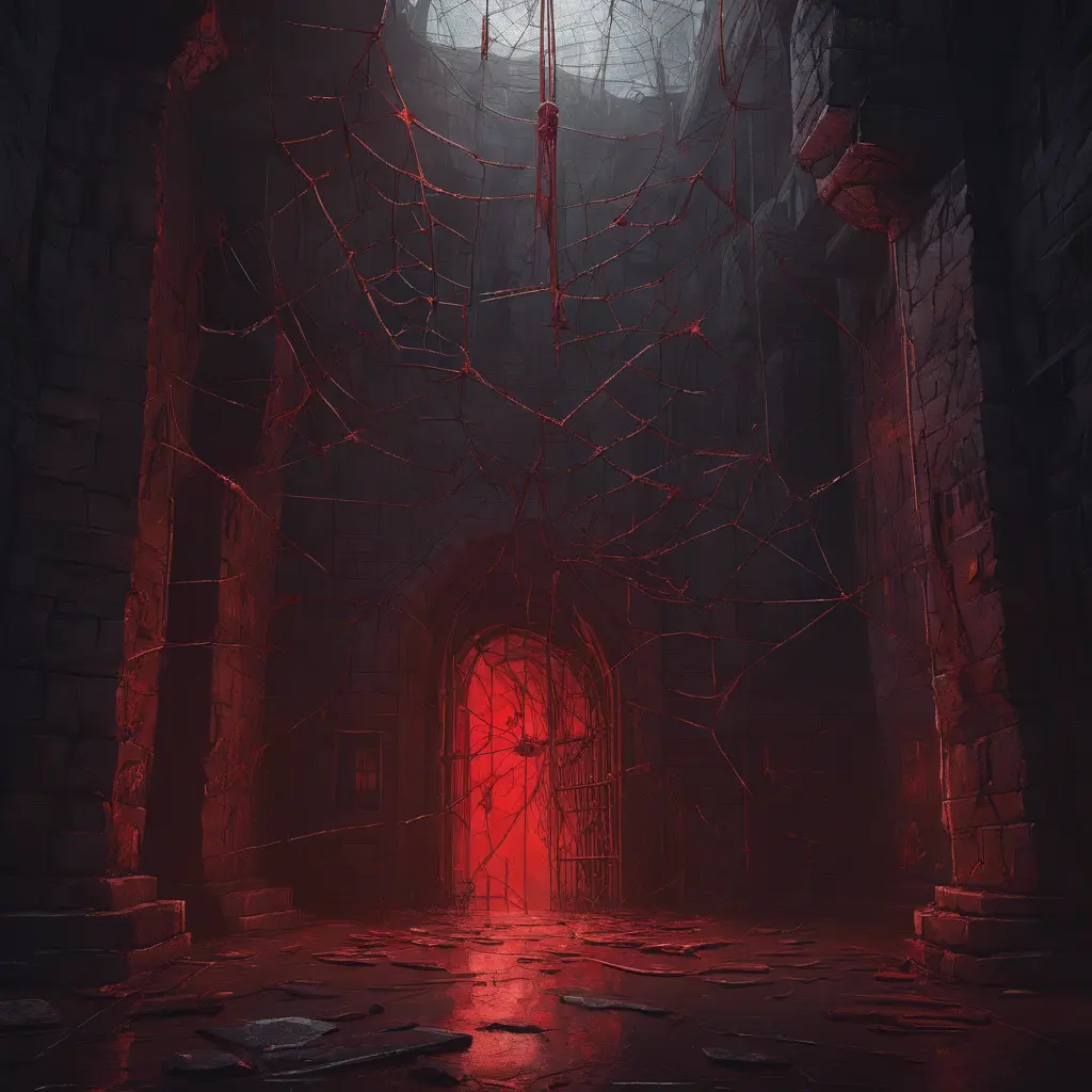 Detailed illustration of dark dungeon, dystopian texture architecture, blood walls, spiders, and cobwebs, 8k, Hyper Detailed, Trending on Artstation, Epic, Deviantart, Beautifully Lit by Alena Aenami