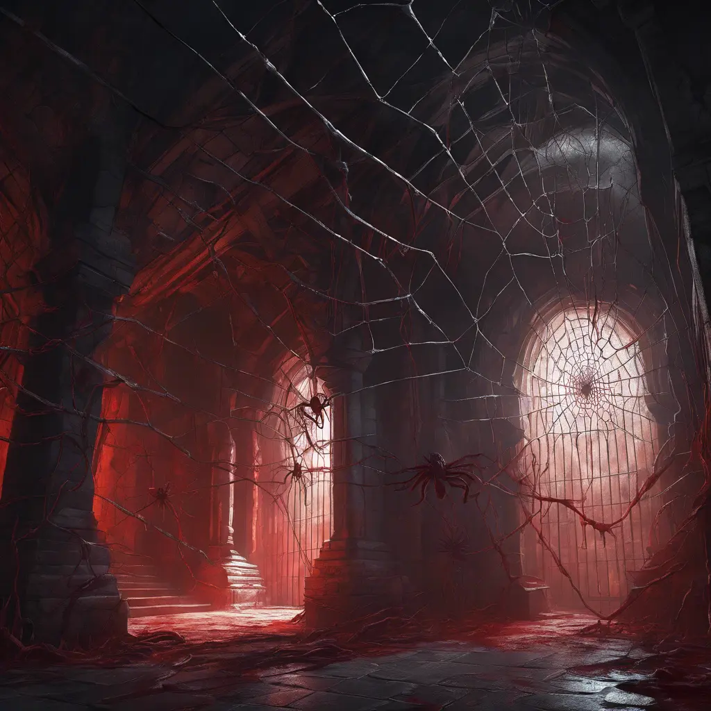 Detailed illustration of dark dungeon, dystopian texture architecture, blood walls, spiders, and cobwebs, 8k, Hyper Detailed, Trending on Artstation, Epic, Deviantart, Beautifully Lit by Stanley Artgerm Lau