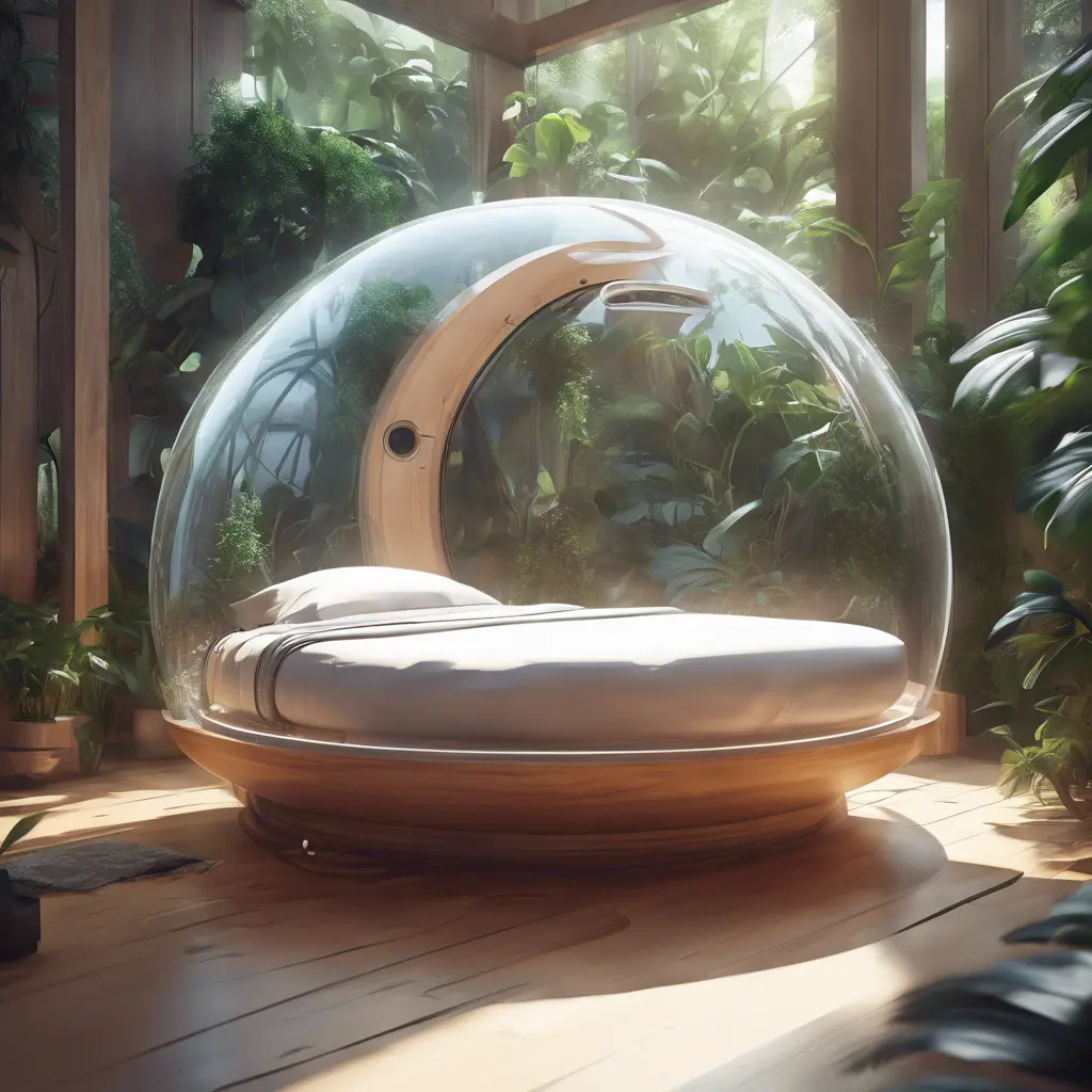 Futuristic sleeping relax pod, transparent orb, plants, natural daytime lighting, natural wooden environment, flat design, product-view, 8k, Futuristic, Sci-Fi, Natural Light by Stanley Artgerm Lau