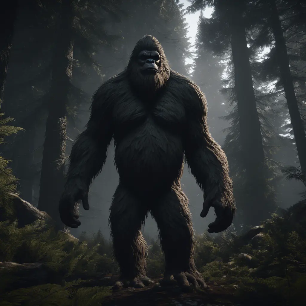 Bigfoot, sasquatch, in a dark forest, 8k, Intricate Details, Full Body, Ray Tracing, Unreal Engine, Moody Lighting