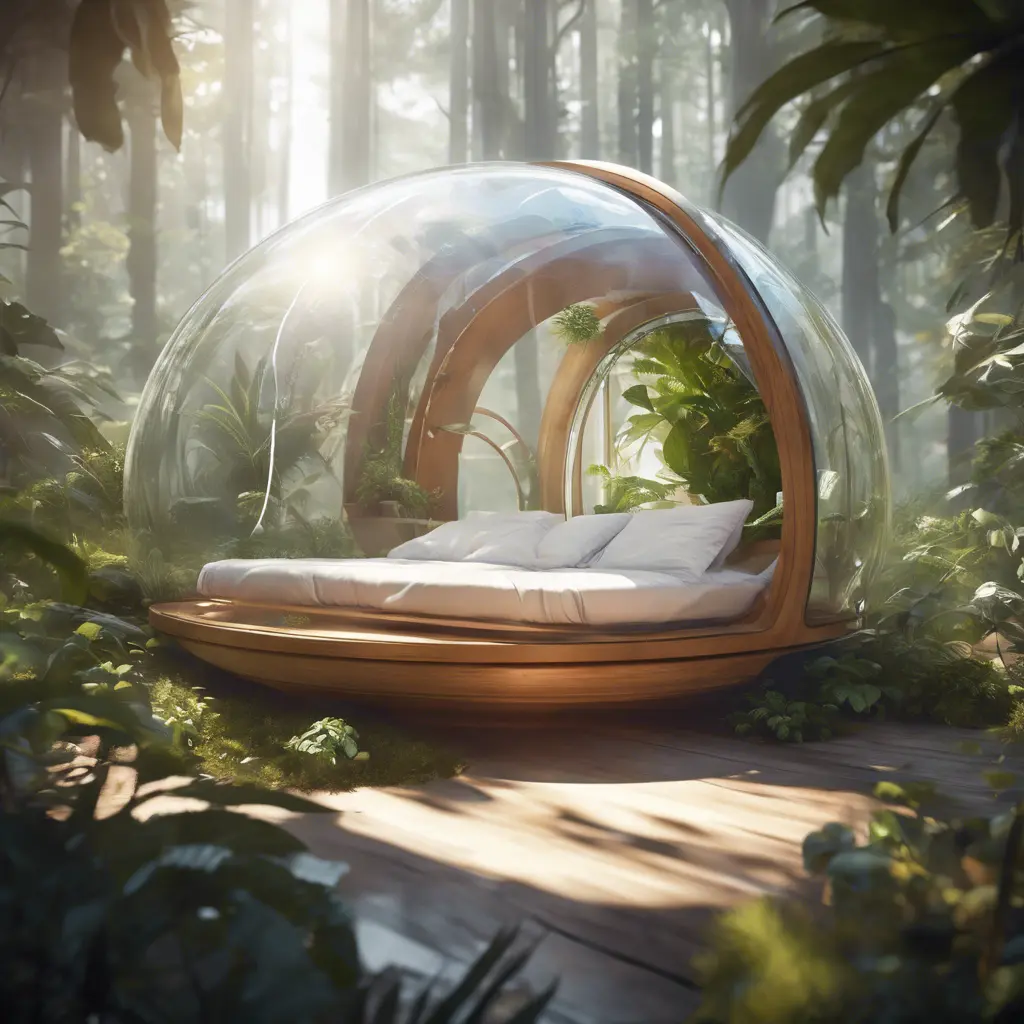 Futuristic sleeping relax pod, transparent orb, plants, natural daytime lighting, natural wooden environment, flat design, product-view, 8k, Futuristic, Sci-Fi, Natural Light by Greg Rutkowski