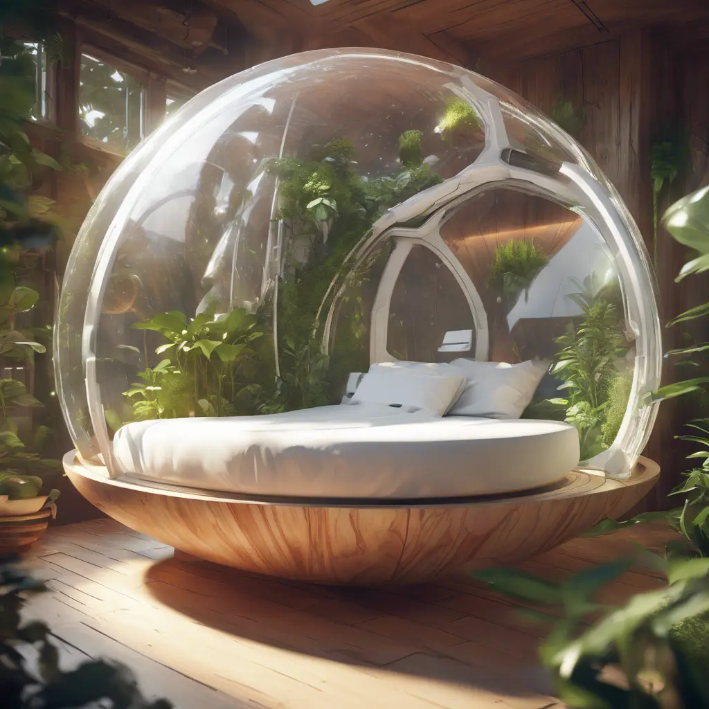 Futuristic sleeping relax pod, transparent orb, plants, natural daytime lighting, natural wooden environment, flat design, product-view, 8k, Futuristic, Sci-Fi, Natural Light by Stefan Kostic