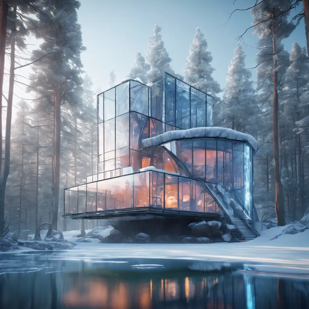 Beautiful futuristic architectural bright glass house in the forest on a giant frozen lake, 8k, Award-Winning, Highly Detailed, Beautiful, Epic, Octane Render, Unreal Engine, Radiant, Volumetric Lighting by Greg Rutkowski