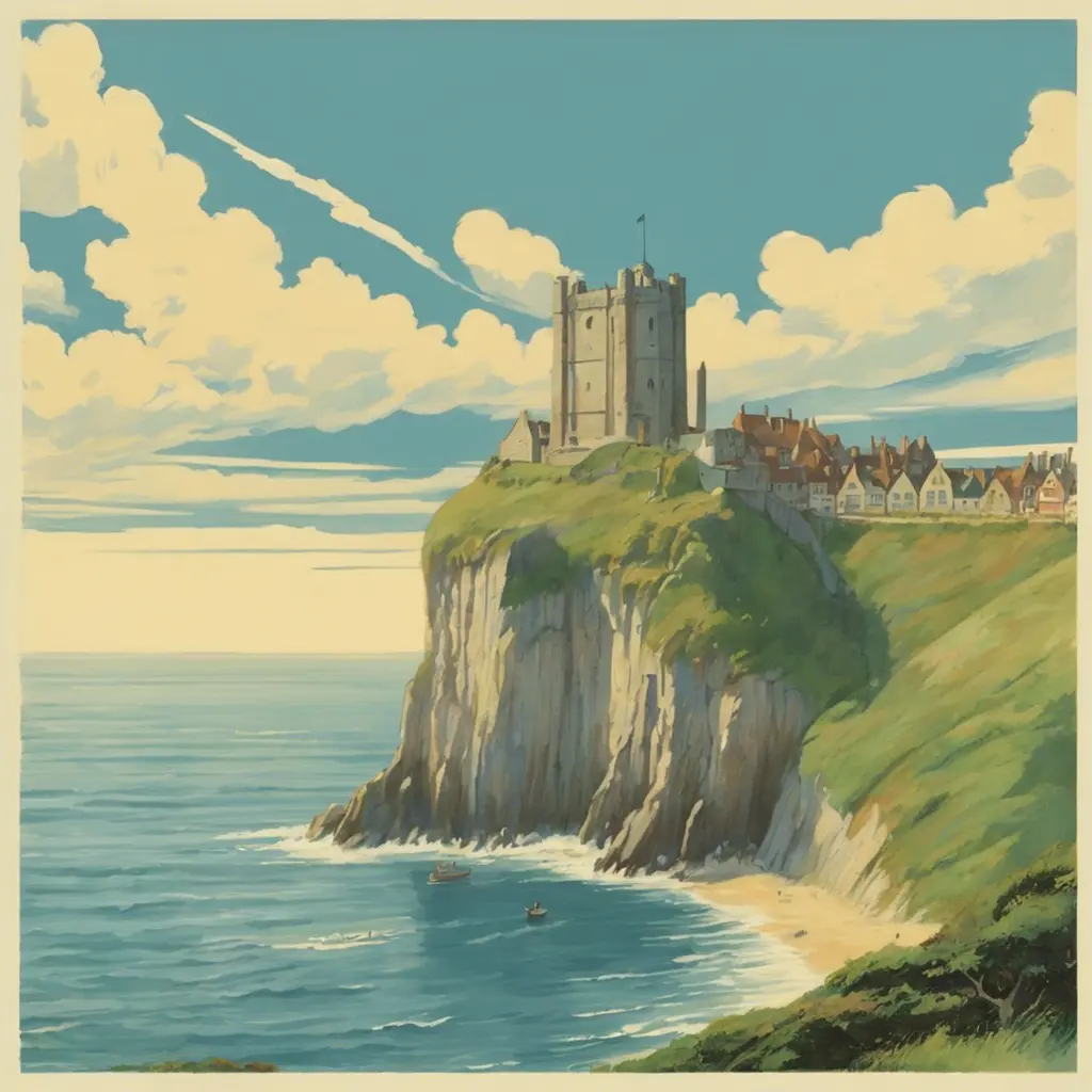 Create a captivating background, Cliffs of Dover in the background. vintage poster paint book cover style design, Highly Detailed, Poster by Studio Ghibli