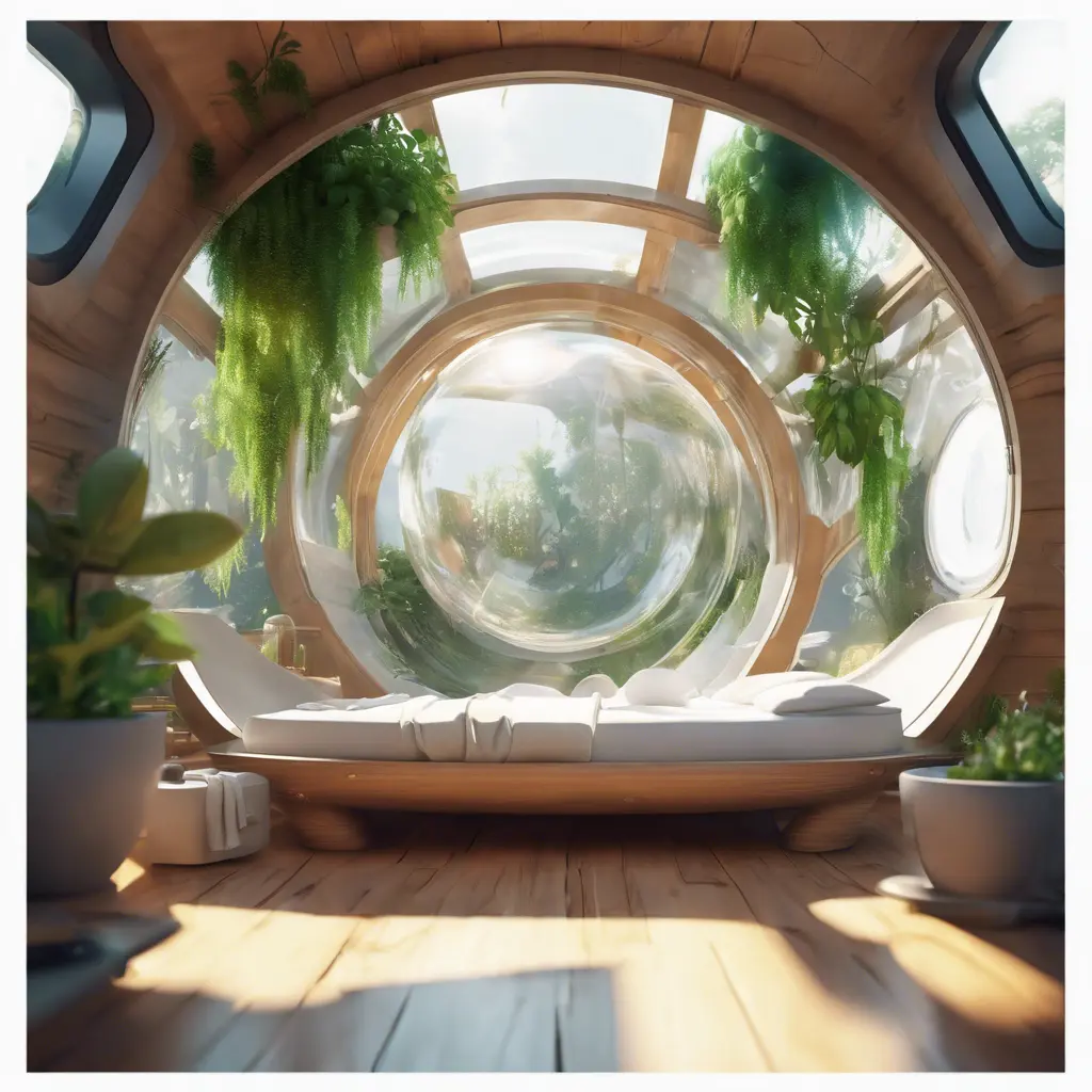 Futuristic sleeping relax pod, transparent orb, plants, natural daytime lighting, natural wooden environment, flat design, product-view, 8k, Futuristic, Sci-Fi, Natural Light by Stefan Kostic