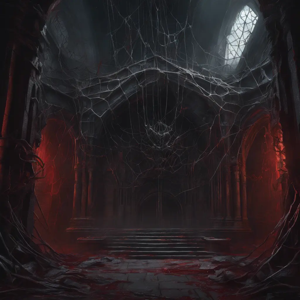 Detailed illustration of dark dungeon, dystopian texture architecture, blood walls, spiders, and cobwebs, 8k, Hyper Detailed, Trending on Artstation, Epic, Deviantart, Beautifully Lit by Stanley Artgerm Lau