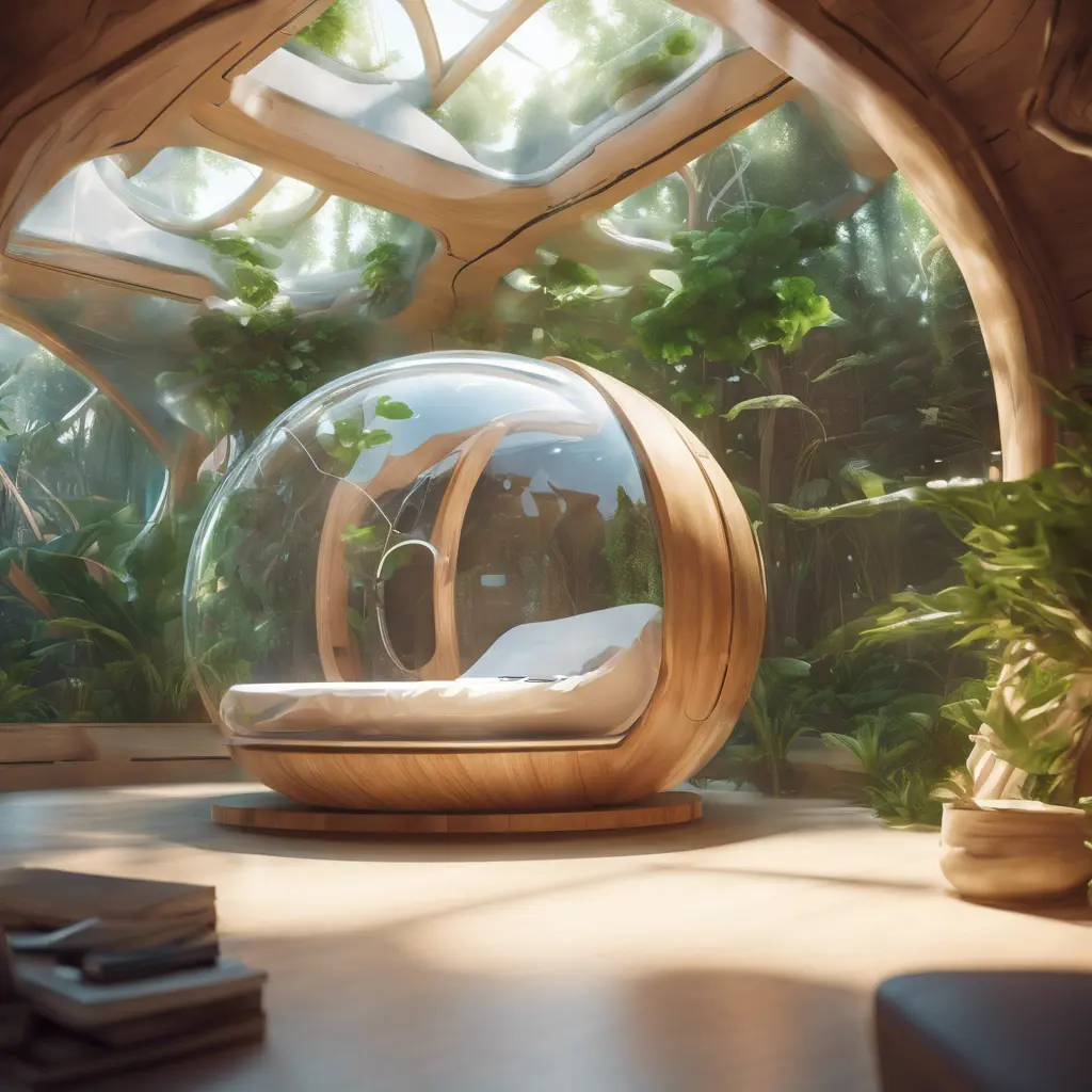 Futuristic sleeping relax pod, transparent orb, plants, natural daytime lighting, natural wooden environment, flat design, product-view, 8k, Futuristic, Sci-Fi, Natural Light by Stefan Kostic