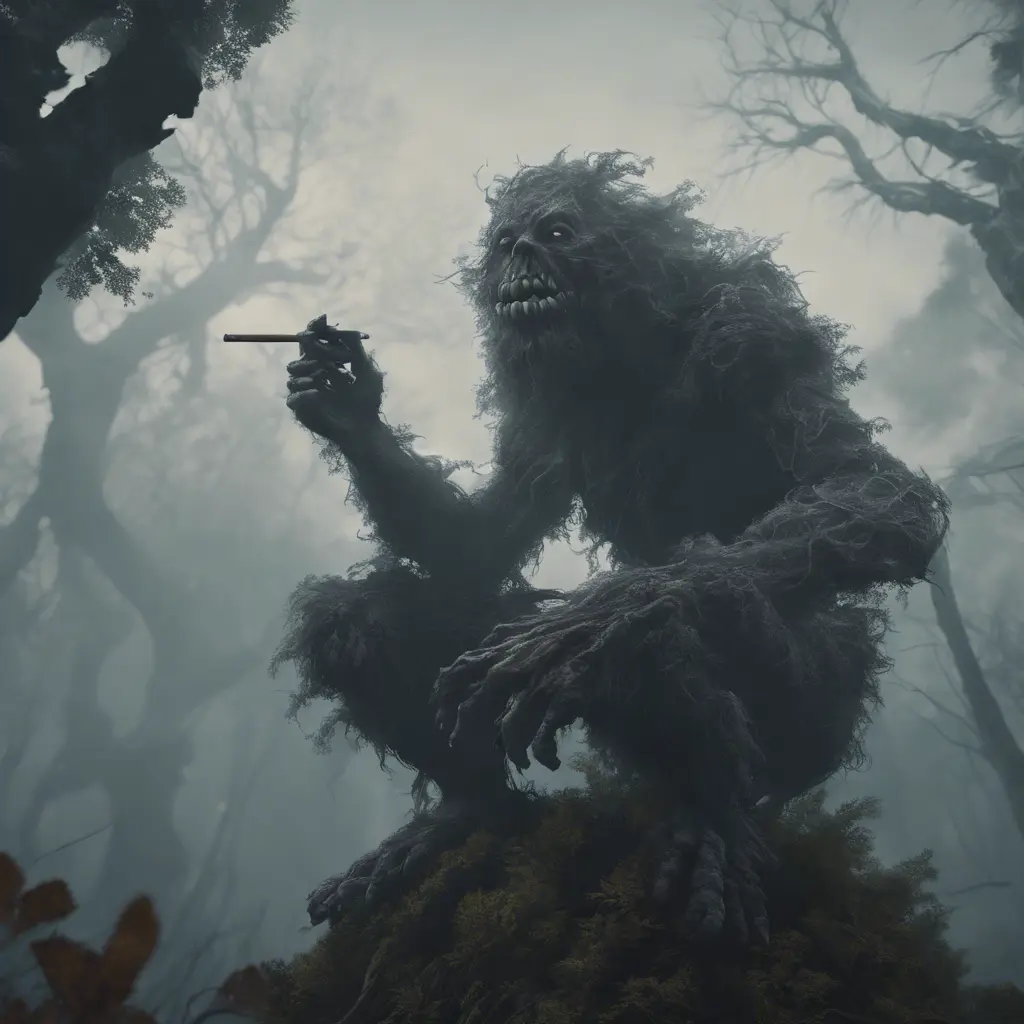 Kapre philippines scary hairy humanoid monster smoking a tobacco on the tree top, forest, foggy weather, Intricate, Artstation, Gothic and Fantasy, Cinematic Lighting, Octane Render, Concept Art