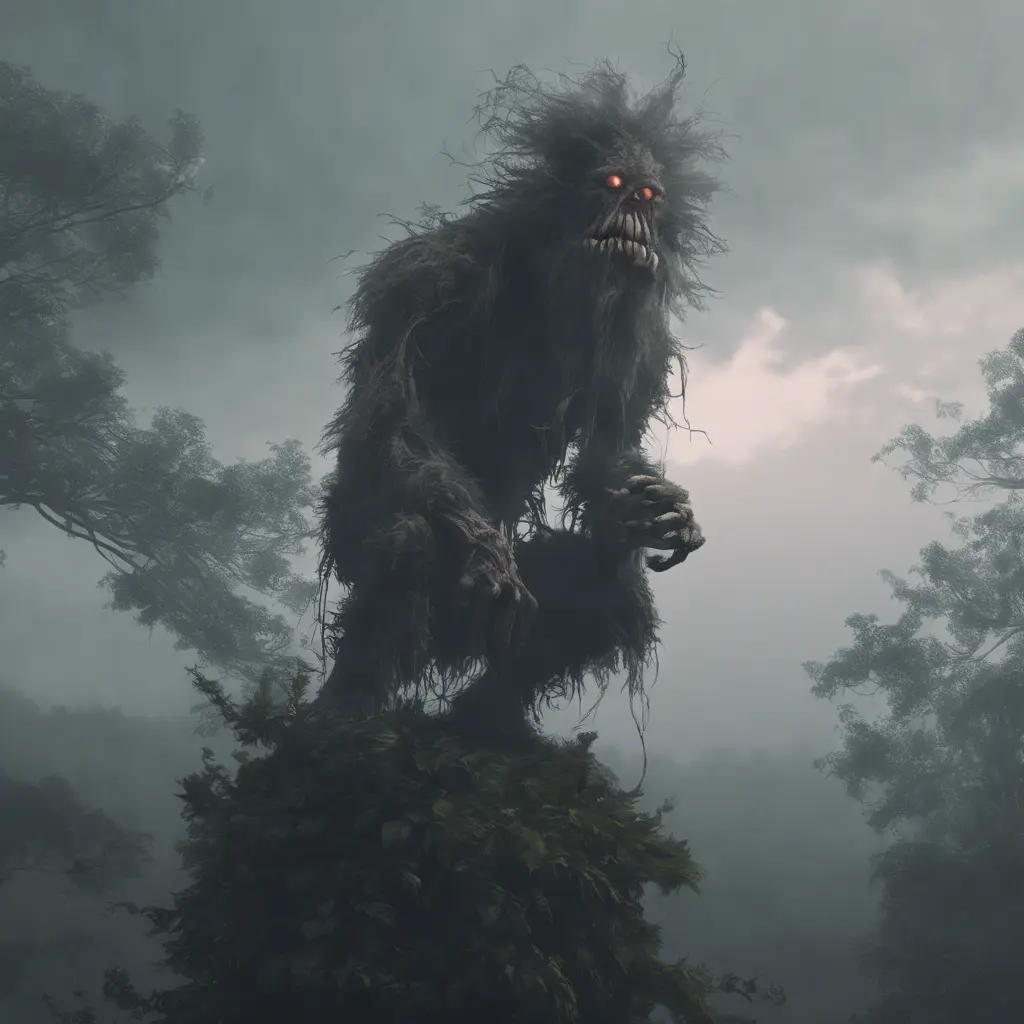 Kapre philippines scary hairy humanoid monster smoking a tobacco on the tree top, forest, foggy weather, Intricate, Artstation, Gothic and Fantasy, Cinematic Lighting, Octane Render, Concept Art