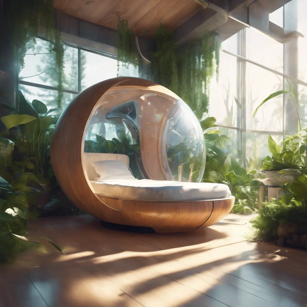 Futuristic sleeping relax pod, transparent orb, plants, natural daytime lighting, natural wooden environment, flat design, product-view, 8k, Futuristic, Sci-Fi, Natural Light by Greg Rutkowski