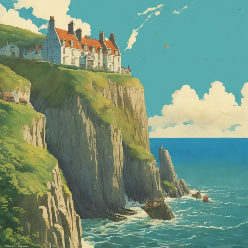 Create a captivating background, Cliffs of Dover in the background. vintage poster paint book cover style design, Highly Detailed, Poster by Studio Ghibli