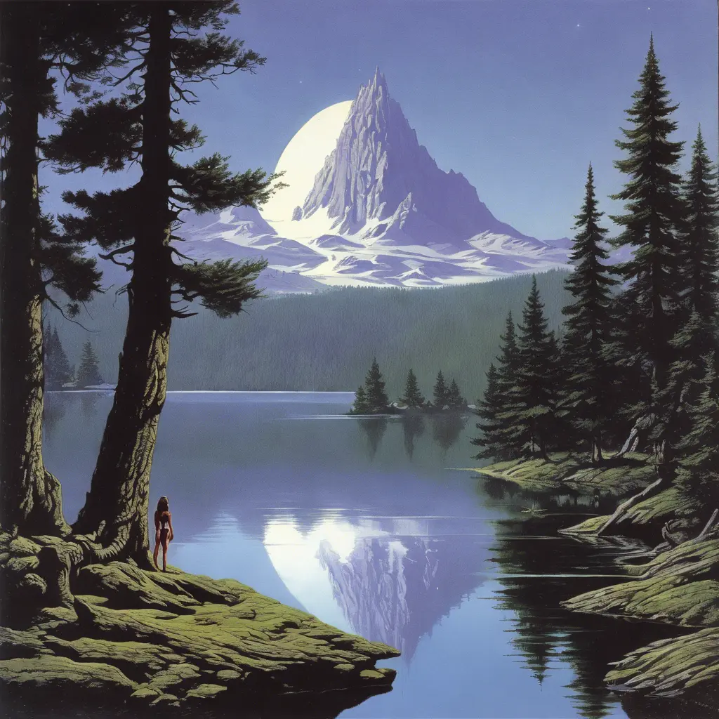 1970's dark fantasy book cover of beautiful lake with minimalist far perspective, Album cover, D&D, Fantasy by Larry Elmore