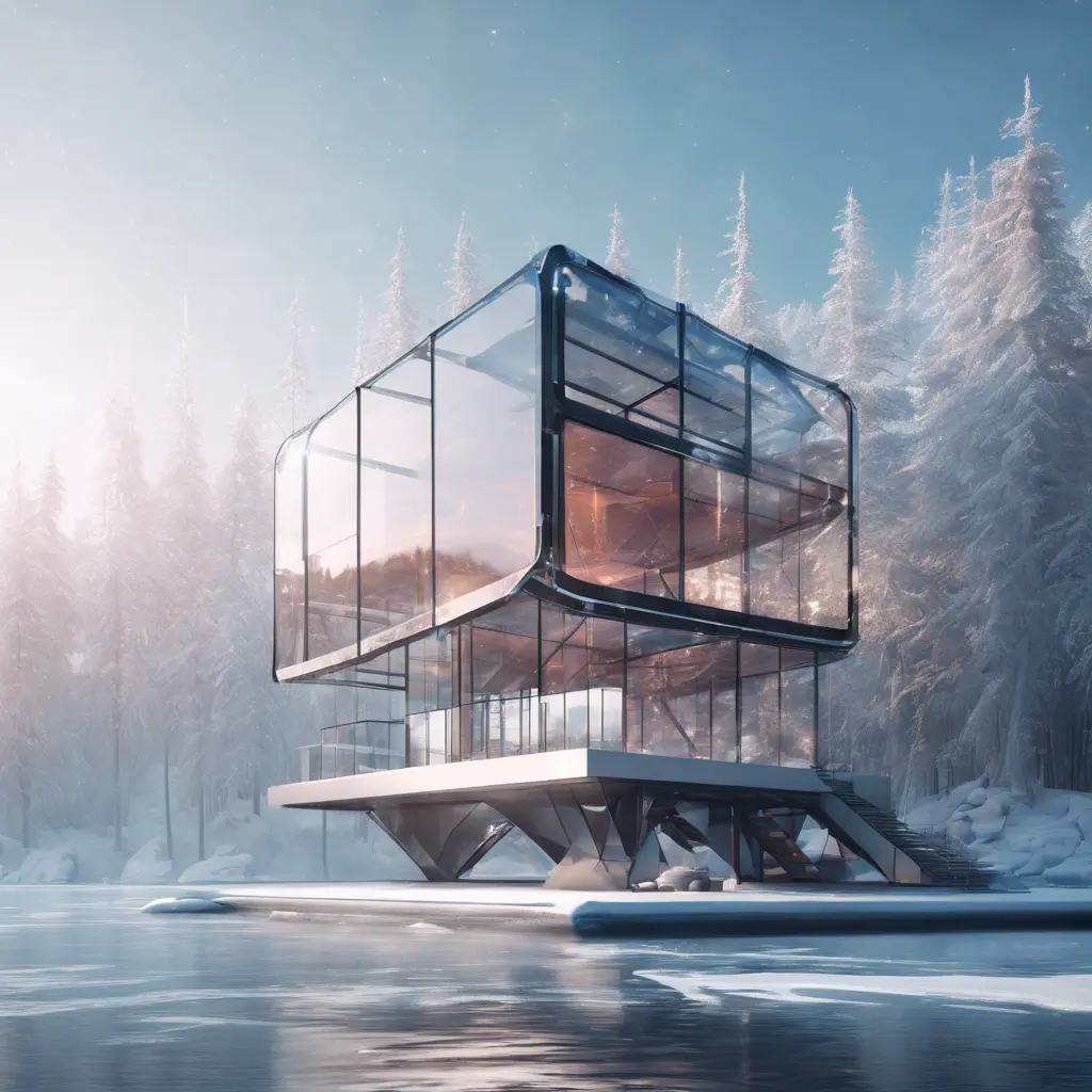 Beautiful futuristic architectural bright glass house in the forest on a giant frozen lake, 8k, Award-Winning, Highly Detailed, Beautiful, Epic, Octane Render, Unreal Engine, Radiant, Volumetric Lighting by Stanley Artgerm Lau