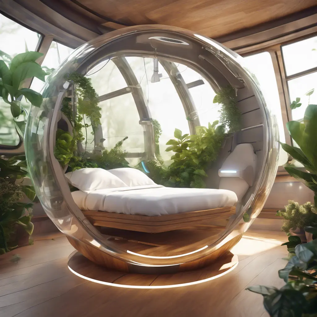 Futuristic sleeping relax pod, transparent orb, plants, natural daytime lighting, natural wooden environment, flat design, product-view, 8k, Futuristic, Sci-Fi, Natural Light by Stefan Kostic